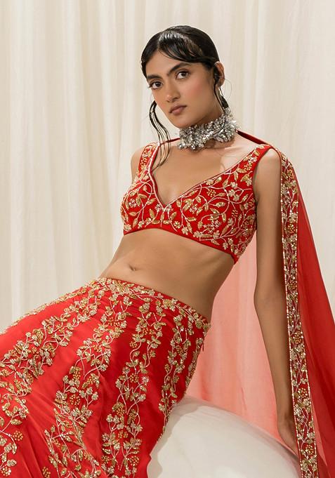 Red Embroidered Organza Lehenga Set