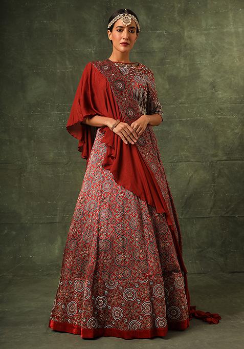 Scarlet Red Cutdana Embroidered Ajrakh Lehenga Set