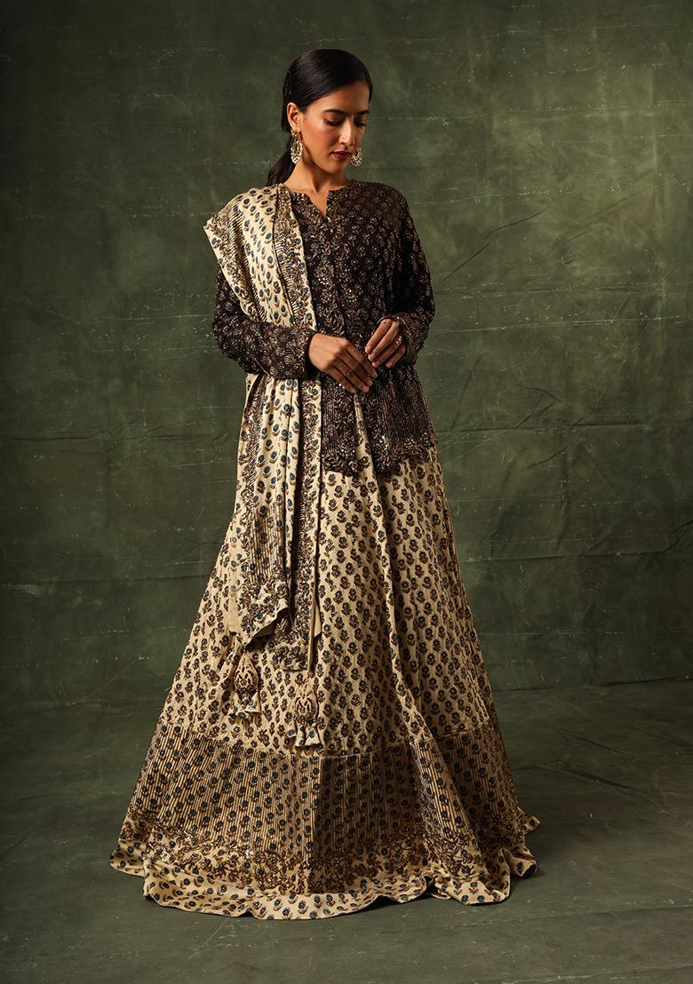 Navy Blue And Ivory Cutdana Embroidered Ajrakh Lehenga Set