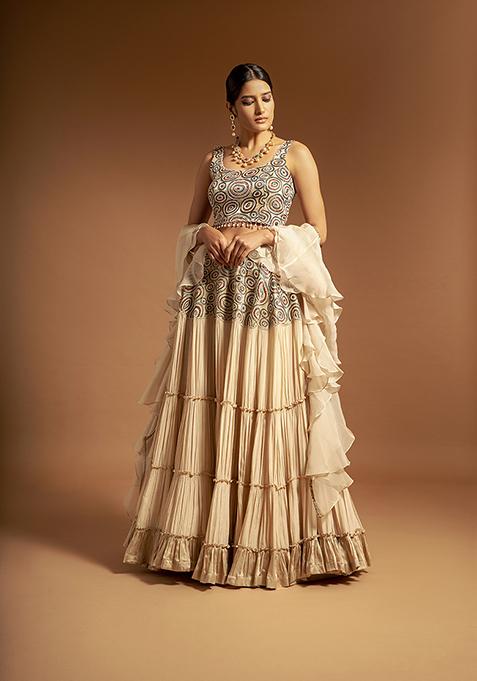 Beige Cutdana Bead Embroidered Pure Satin Crepe Lehenga Set