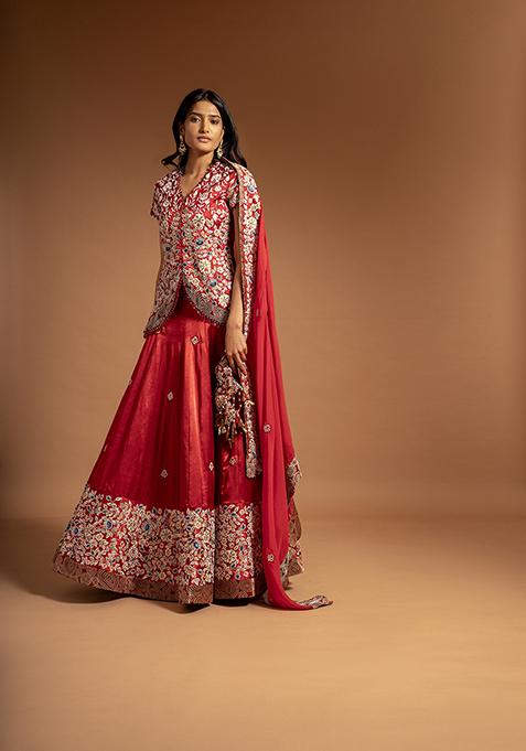 Red Cutdana Bead Embroidered Pure Satin Crepe Lehenga Set