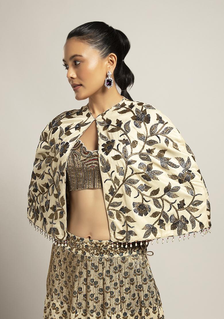 Ivory Cut Pipe Work Ajrakh Lehenga Set