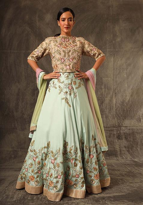 Mint Green Cut Pipe Work Jute Organza Lehenga Set