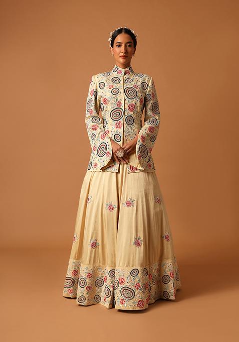 Cream Cut Pipe Work Mashru Silk Lehenga Set