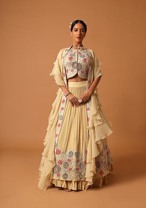 Beige Cut Pipe Work Crepe Gajji Silk Lehenga Set