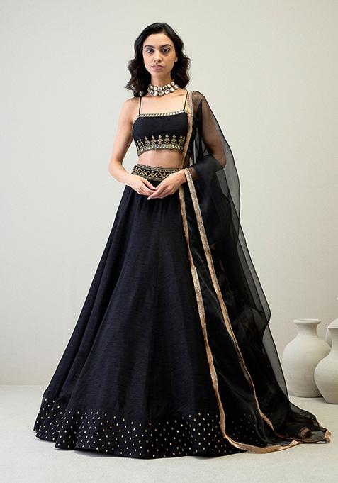 Black Zari Embroidered Viscose Raw Silk Lehenga Set