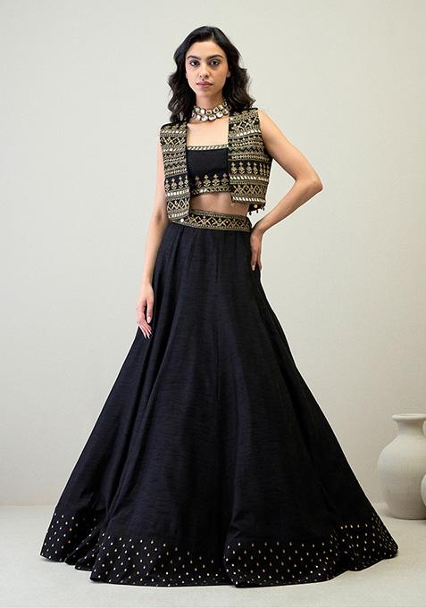 Black Zari Mirror Work Viscose Raw Silk Lehenga Set