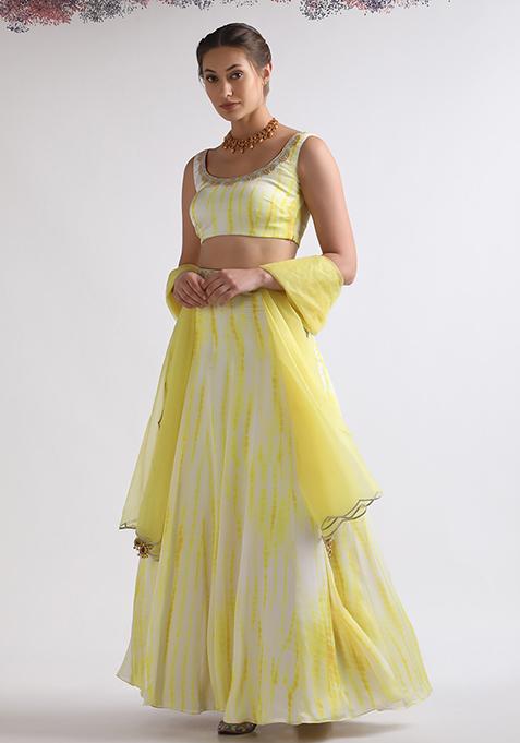 Yellow Resham Zari Embroidered Viscose Crepe Lehenga Set