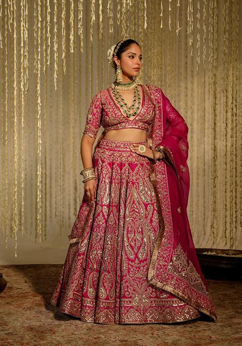 Hot Pink Embroidered Silk Chanderi Lehenga Set