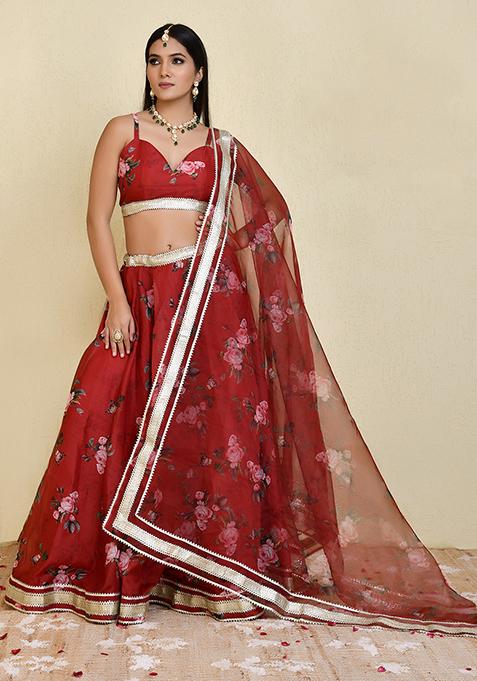 Maroon Embellished Chanderi Organza Lehenga Set