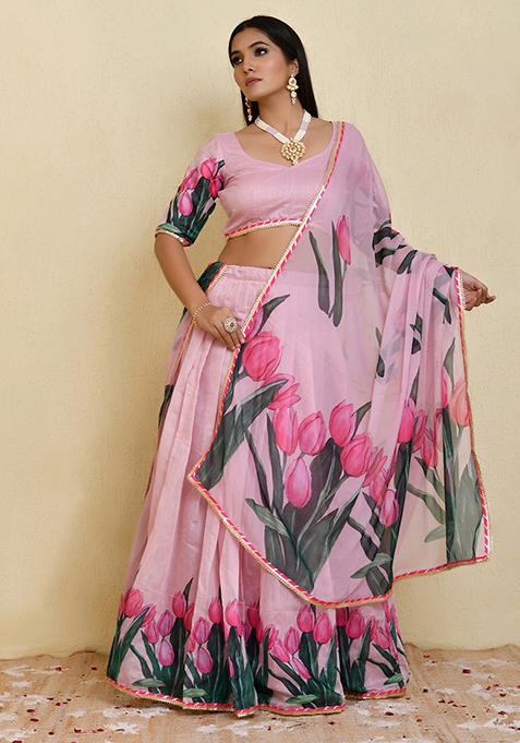 Pink Printed Chanderi Chiffon Lehenga Set