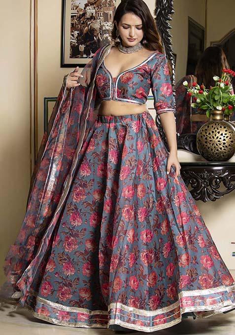 Grey Printed Chanderi Organza Lehenga Set