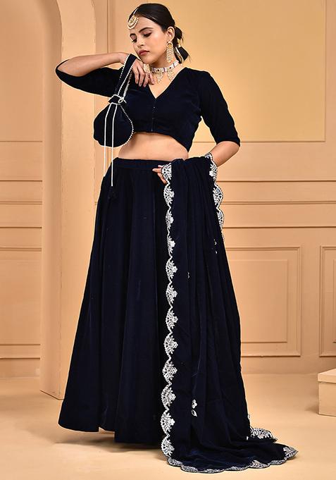 Midnight Blue Embroidered Velvet Lehenga Set