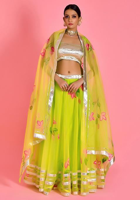 Green Printed Cotton Organza Lehenga Set