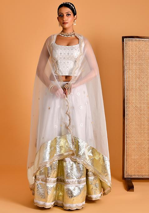 Smokey White Embroidered Cotton Silk Lehenga Set