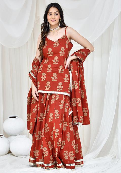 Maroon Printed Cotton Lehenga Set