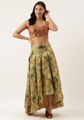 Green And Gold Printed Chanderi Lehenga Set