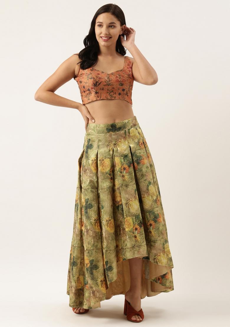 Green And Gold Printed Chanderi Lehenga Set