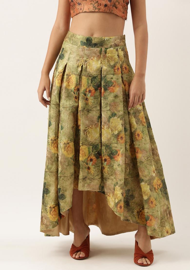 Green And Gold Printed Chanderi Lehenga Set