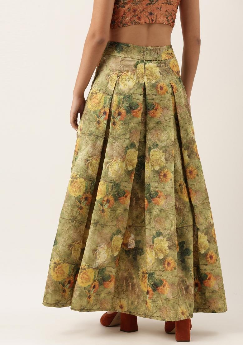 Green And Gold Printed Chanderi Lehenga Set