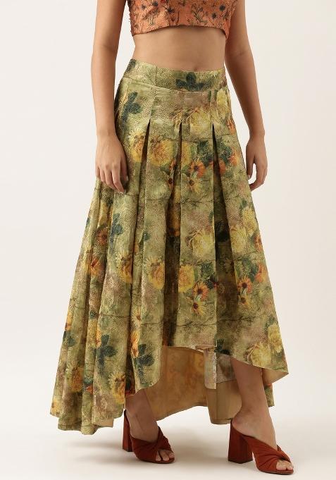 Green And Gold Printed Chanderi Lehenga Set