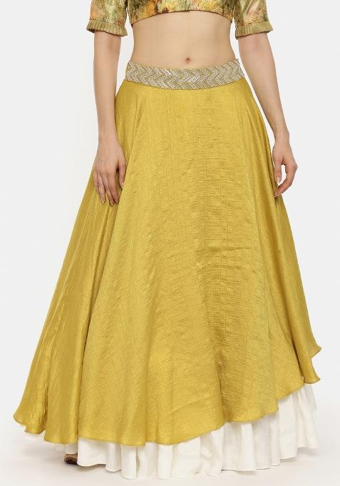 Yellow And Ivory Solid Silk Blend Lehenga Set