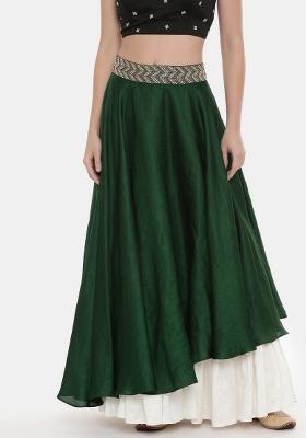 Green And Ivory Solid Silk Lehenga Set