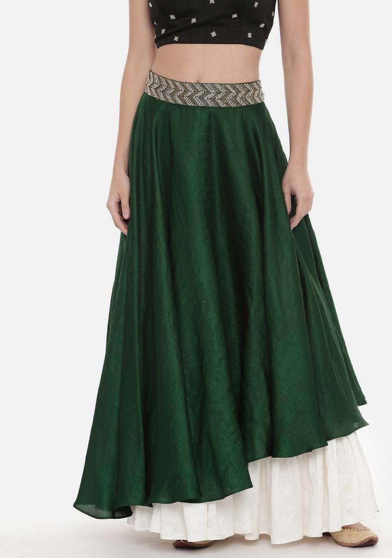Green And Ivory Solid Silk Lehenga Set