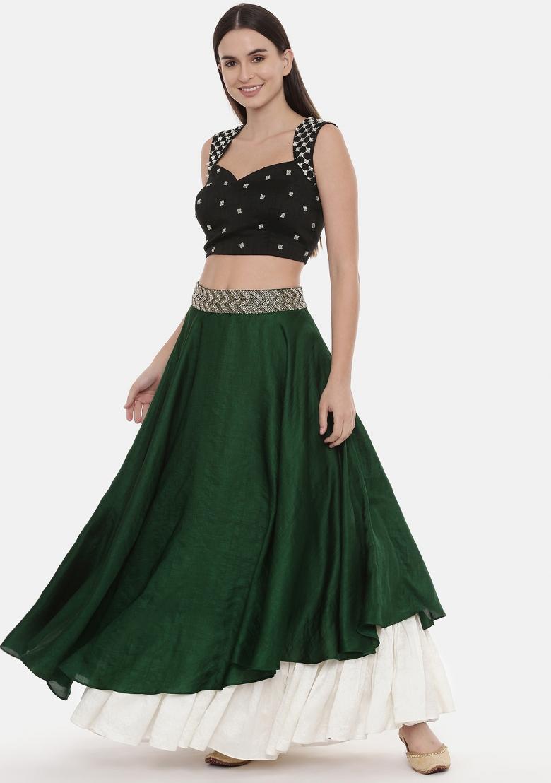 Green And Ivory Solid Silk Lehenga Set