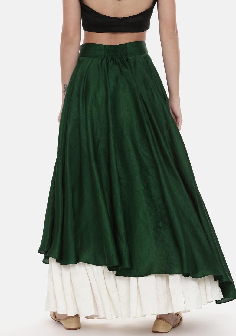 Green And Ivory Solid Silk Lehenga Set