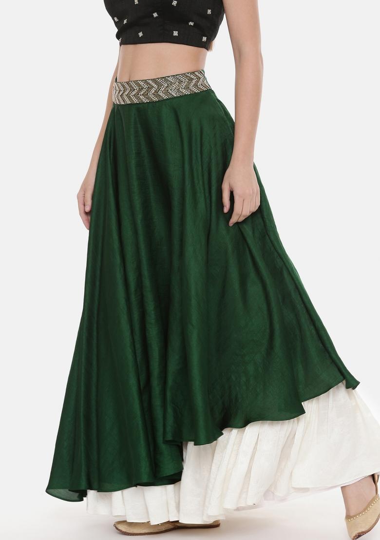 Green And Ivory Solid Silk Lehenga Set