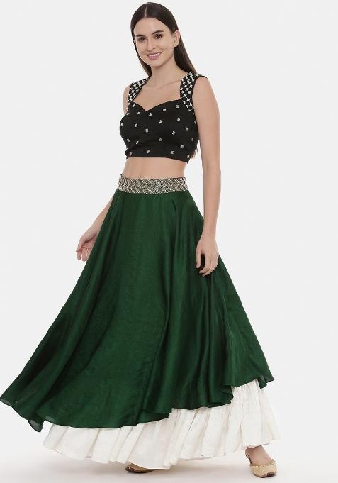 Green And Ivory Solid Silk Lehenga Set