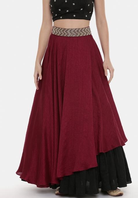 Maroon And Black Solid Silk Lehenga Set