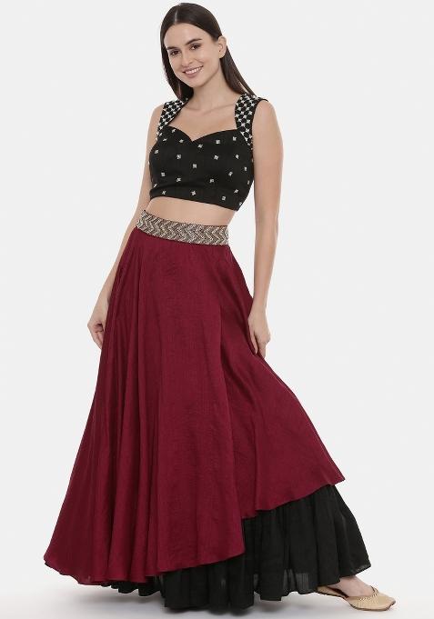 Maroon And Black Solid Silk Lehenga Set