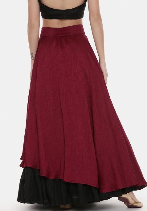 Maroon And Black Solid Silk Lehenga Set