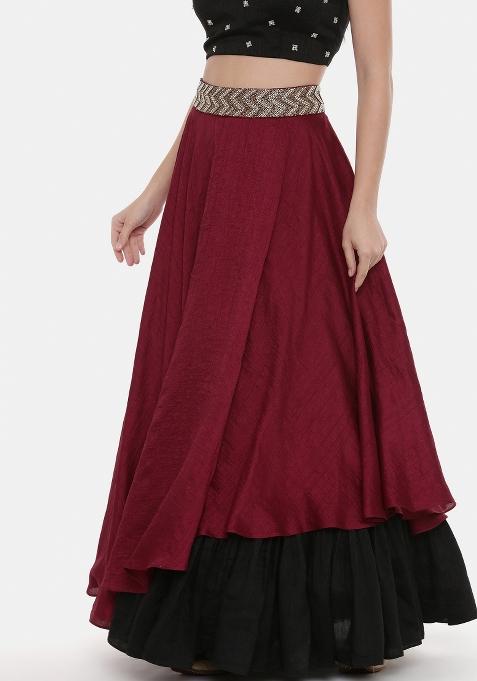 Maroon And Black Solid Silk Lehenga Set