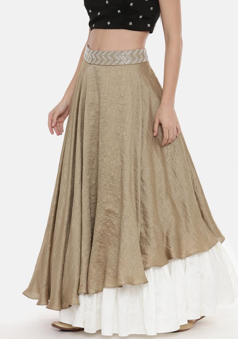 Ivory And Gold Solid Silk Lehenga Set - Indya