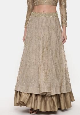 Gold And Beige Embroidered Silk Lehenga Set