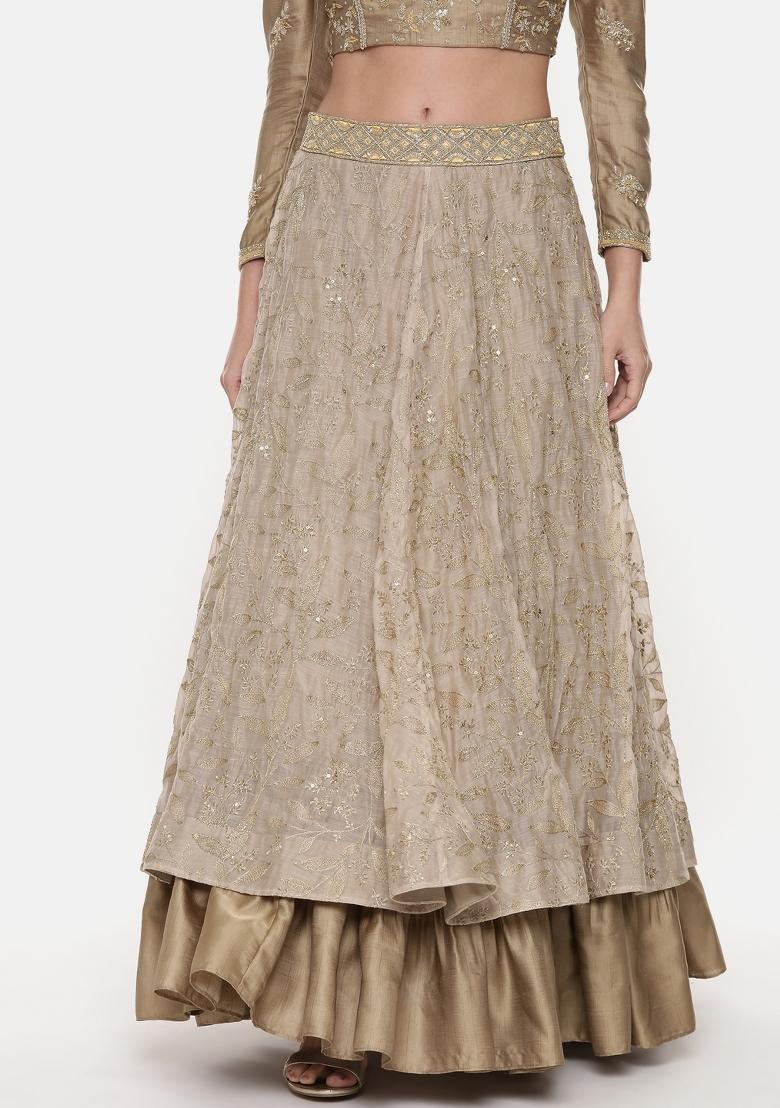 Gold And Beige Embroidered Silk Lehenga Set