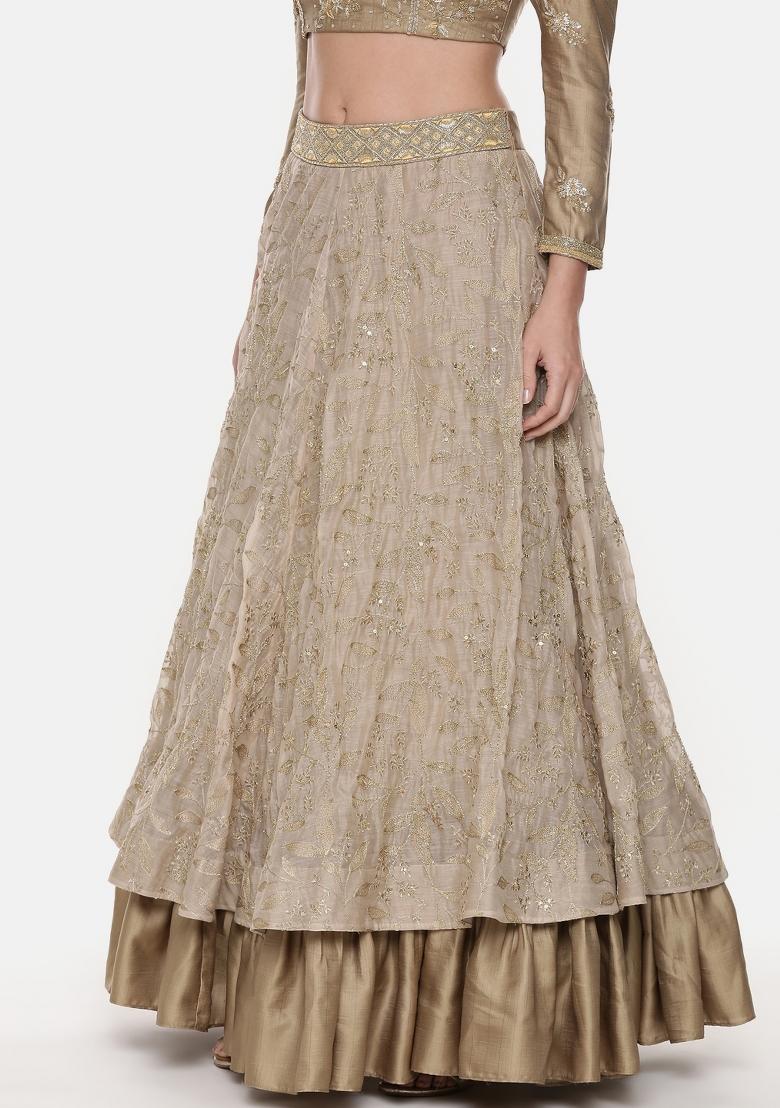 Gold And Beige Embroidered Silk Lehenga Set