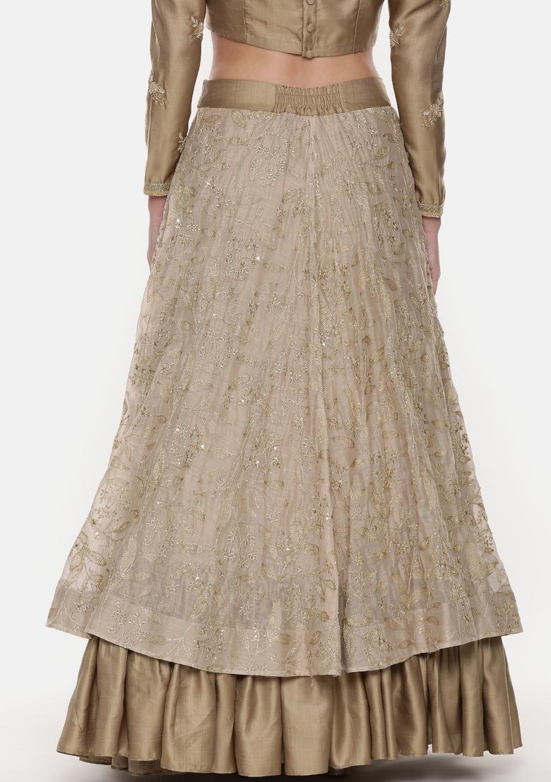Gold And Beige Embroidered Silk Lehenga Set