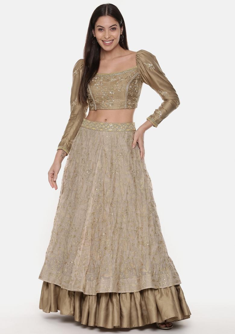 Gold And Beige Embroidered Silk Lehenga Set