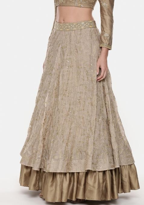 Gold And Beige Embroidered Silk Lehenga Set