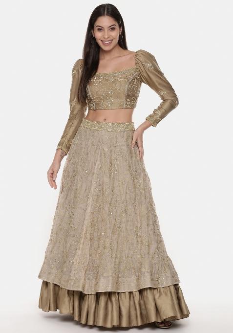 Gold And Beige Embroidered Silk Lehenga Set