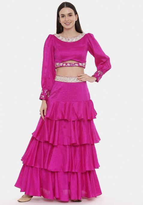 Pink Solid Silk Lehenga Set