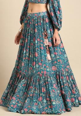 Blue Pink Printed Muslin Lehenga Set