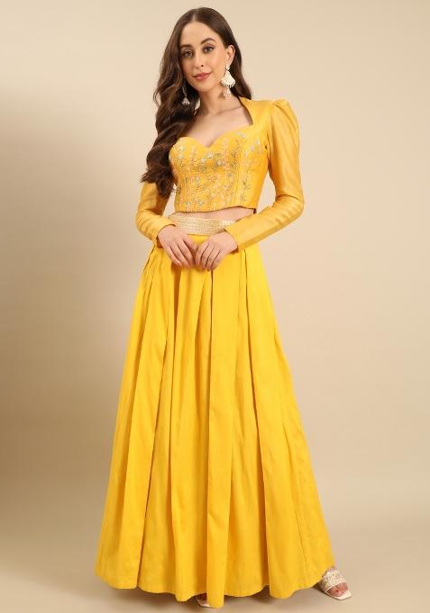 Yellow Solid Cotton Lehenga Set