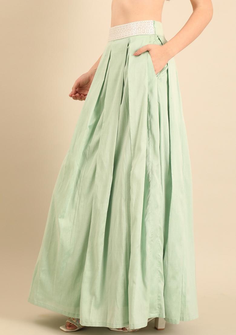 Green Solid Cotton Lehenga Set - Indya