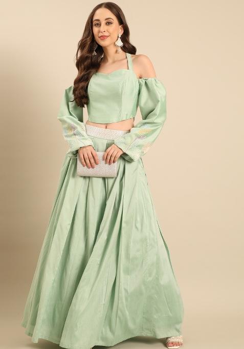 Green Solid Cotton Lehenga Set