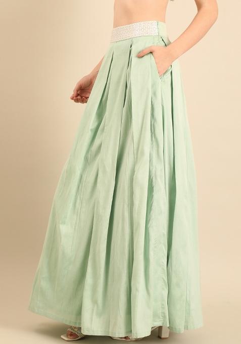 Green Solid Cotton Lehenga Set